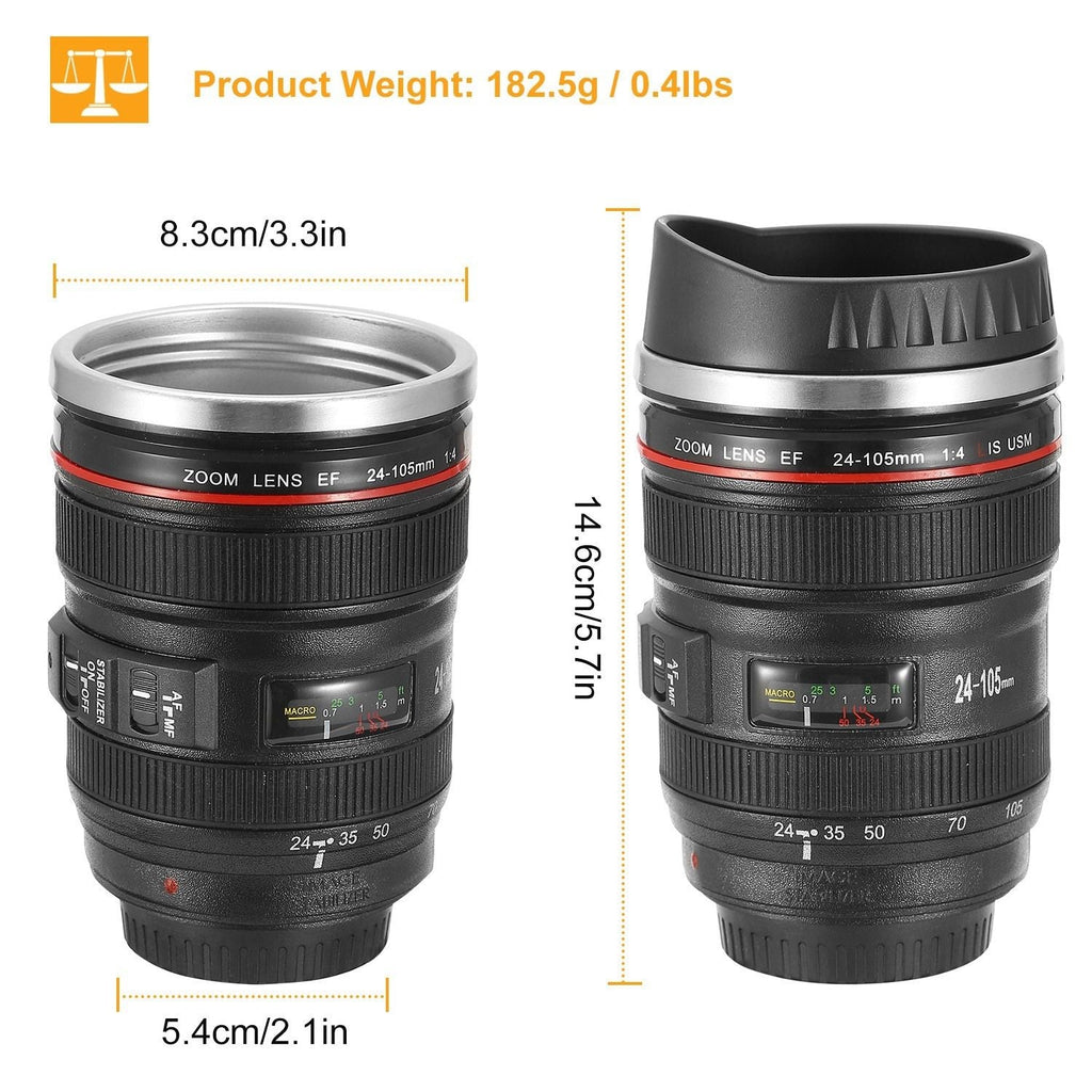 Kameraobjektiv-Kaffeetasse 400ml, lebensmittelechter Edelstahl, Reise-Fotografie Isolierbecher für alle Altersgruppen
