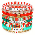 Lot de 10 bracelets de Noël – Bracelets extensibles en argile polymère Heishi avec messages joyeux | Bijoux fantaisie en perles pour femme | Accessoires de fête saisonniers