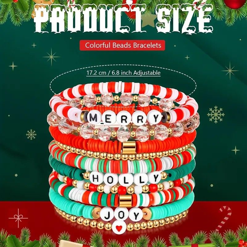 Lot de 10 bracelets de Noël – Bracelets extensibles en argile polymère Heishi avec messages joyeux | Bijoux fantaisie en perles pour femme | Accessoires de fête saisonniers