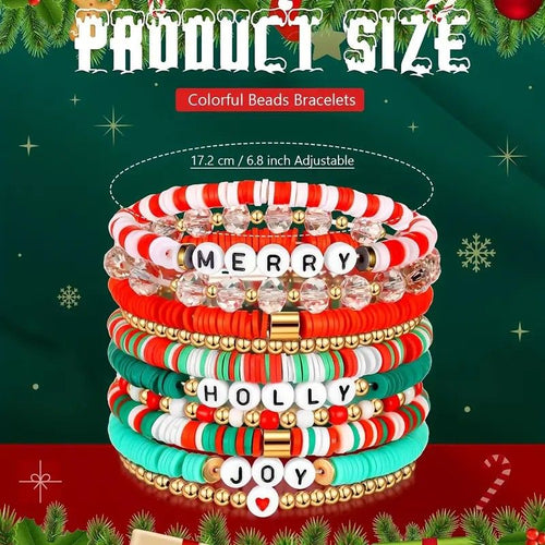 10er-Pack Weihnachtsarmband-Set – festliche Heishi-Stretcharmbänder aus Polymerton mit fröhlichen Botschaften | Schmuckgeschenk aus Kunststoffperlen für Frauen | saisonale Partyaccessoires