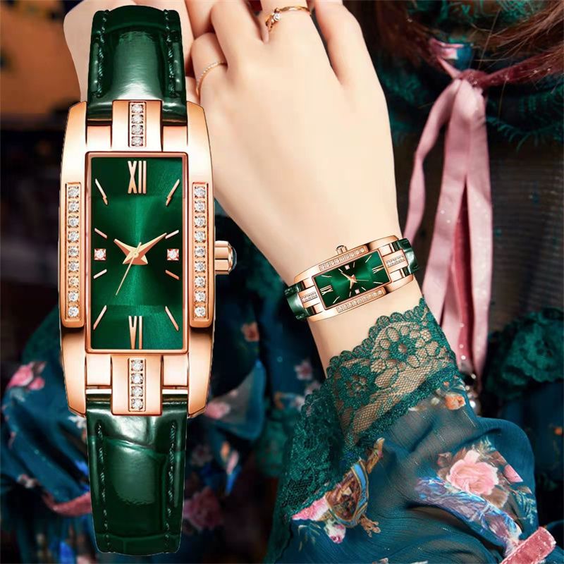 Damenuhren Mode Quadratische Damen Quarzuhr Armband Set Grünes Zifferblatt Einfache Leder Luxus Damenuhren