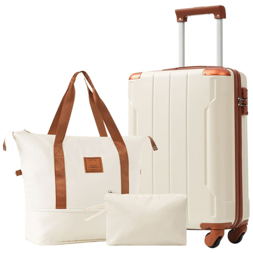 20 Zoll Handgepäck Koffer-Set 3-teilig mit Spinner-Rädern, leichter Hartschalen-ABS-Koffer für Wochenendausflüge, Geschäftsreisen, Weißbraun