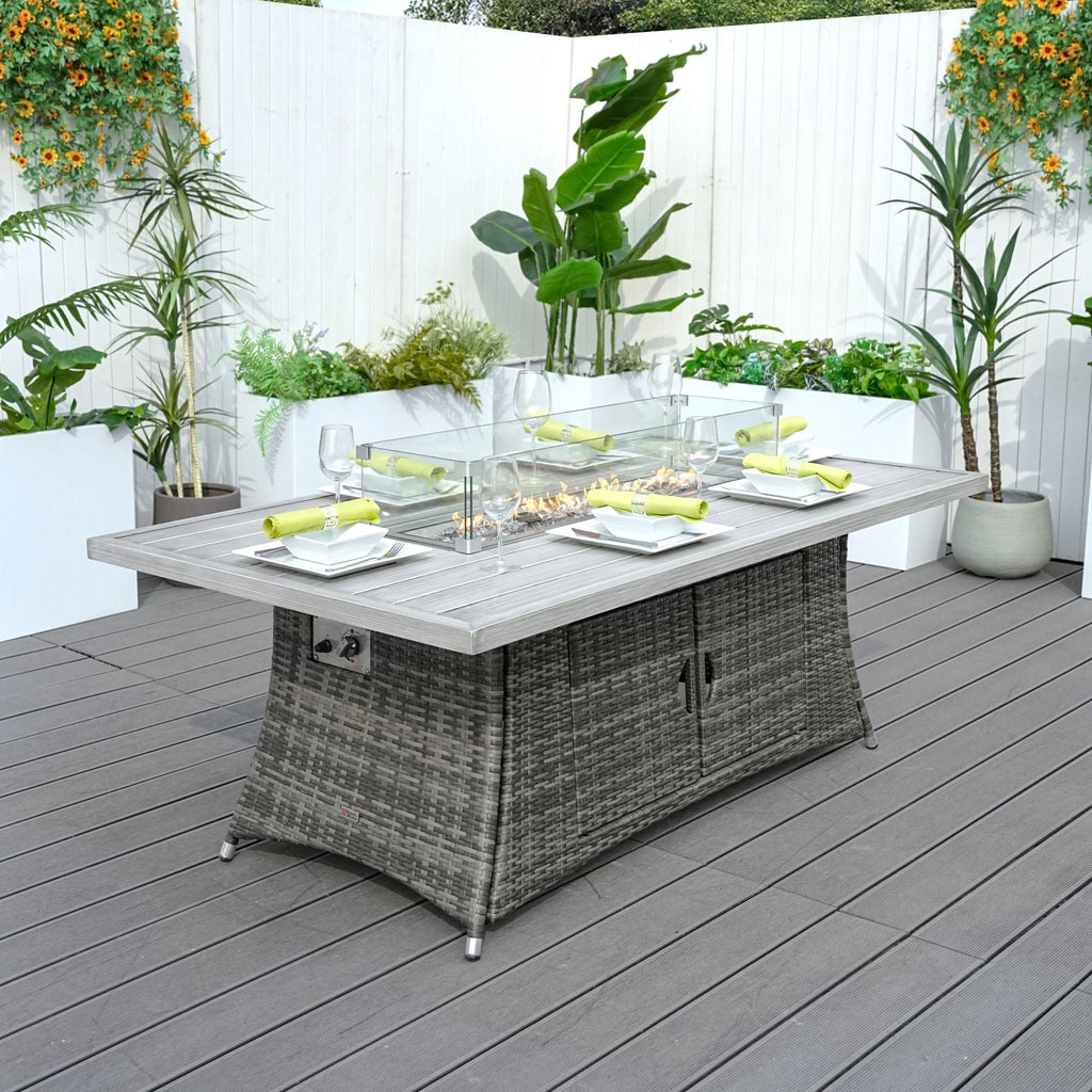 Ensemble de salle à manger d'extérieur Direct Wicker avec foyer – Table rectangulaire en aluminium 6 places et chaises en rotin
