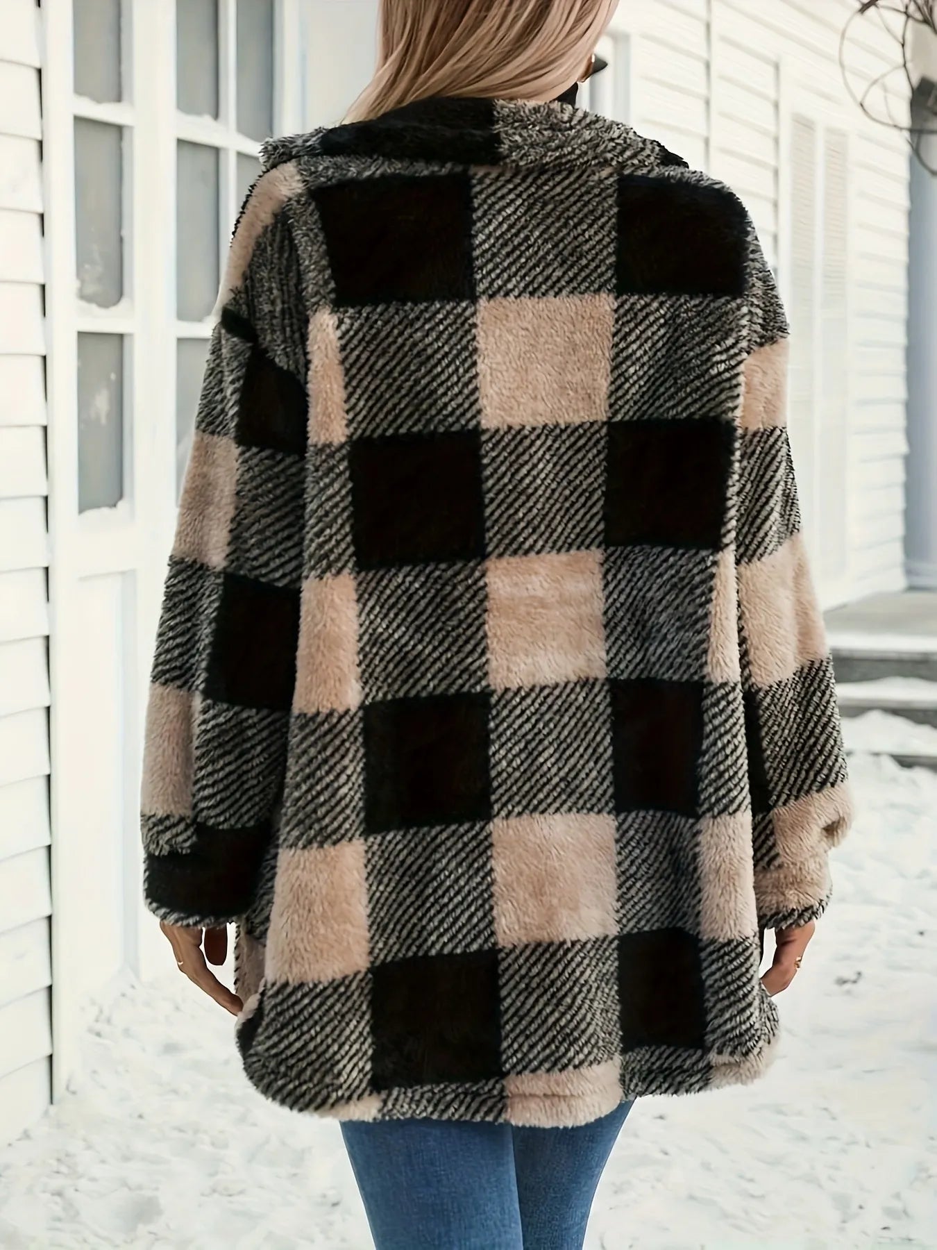 Manteau Teddy à Carreaux Col Chemise Boutonné avec Poches