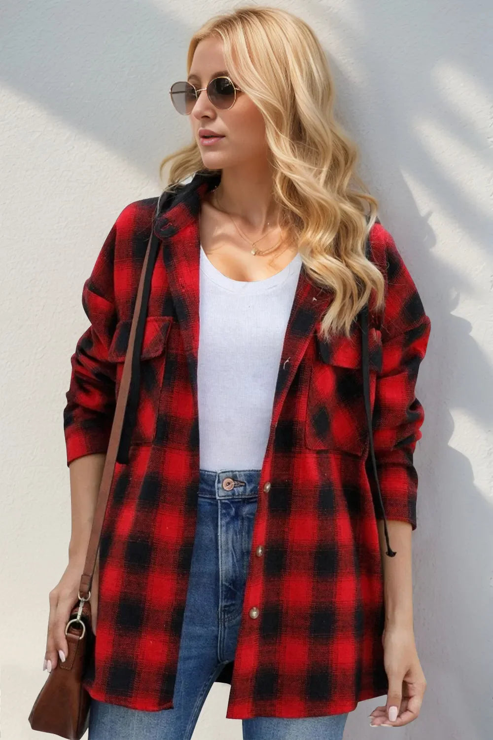 Double Take Plaid-Langarm-Kapuzenshacket mit Tunnelzug