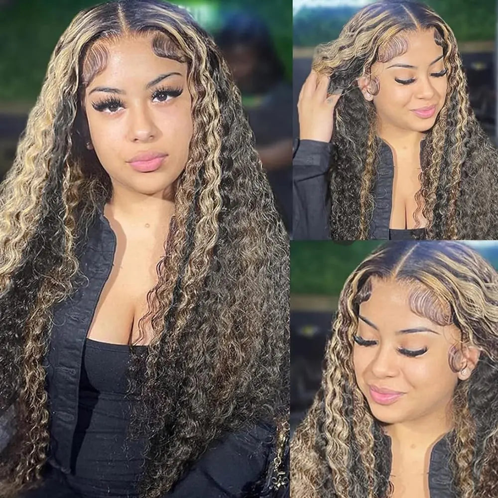 Vlusee 13x6 Perruques Profondes Ondulées à Lacet Frontal Cheveux Humains Fb/27 Ombre Blonde Perruque à Lacet Frontal Cheveux Humains Pré-épilés 13x6 HD Pleine Perruque Frontale Bouclée Cheveux Humains Sans Colle pour Femmes 24 Pouces