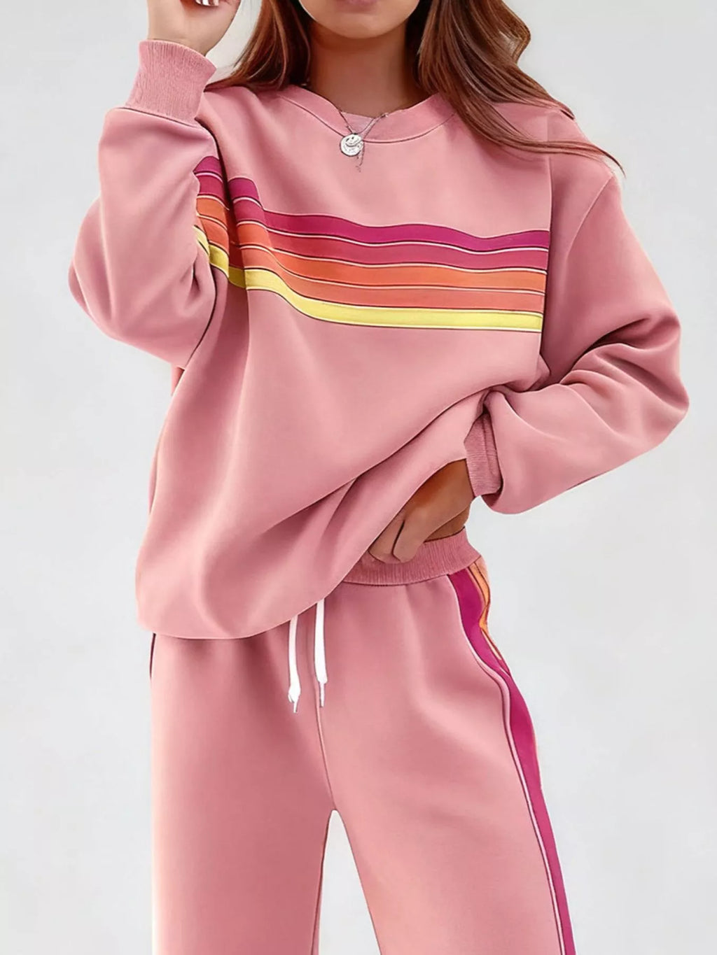 Gestreiftes Rundhals-Sweatshirt und Hose Set
