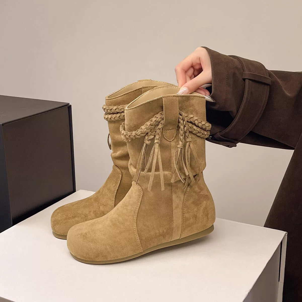 Bottes à bout rond en suède à franges