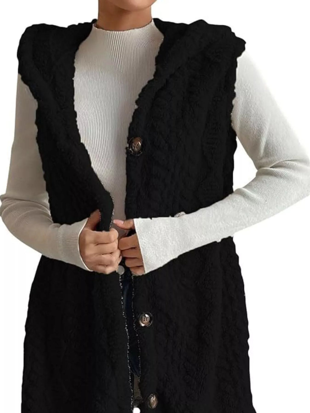 Manteau sans manches à capuche en sherpa boutonné