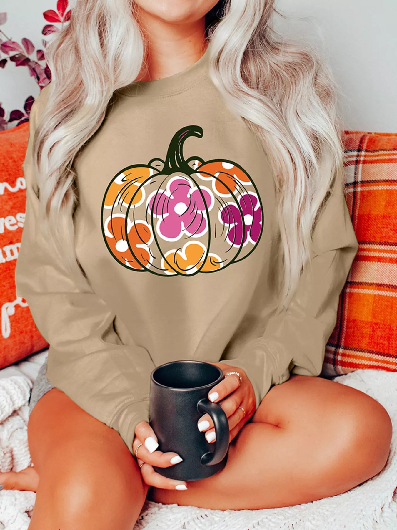 Halloween Floral Kürbis Grafik Oversized Sweatshirt