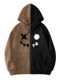 Herren Kapuzenpullover mit Reißverschluss, Grafikdruck, Langarm, Western Streetwear, Deep Brown, Large